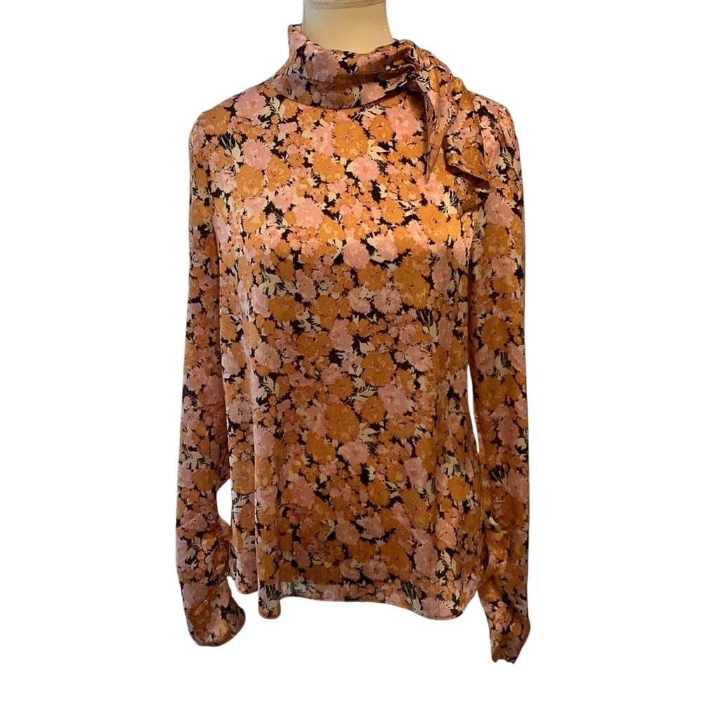 WAYF Floral Tie Neck Blouse Size M NWT Pink Mustard Boho Long Sleeve Top